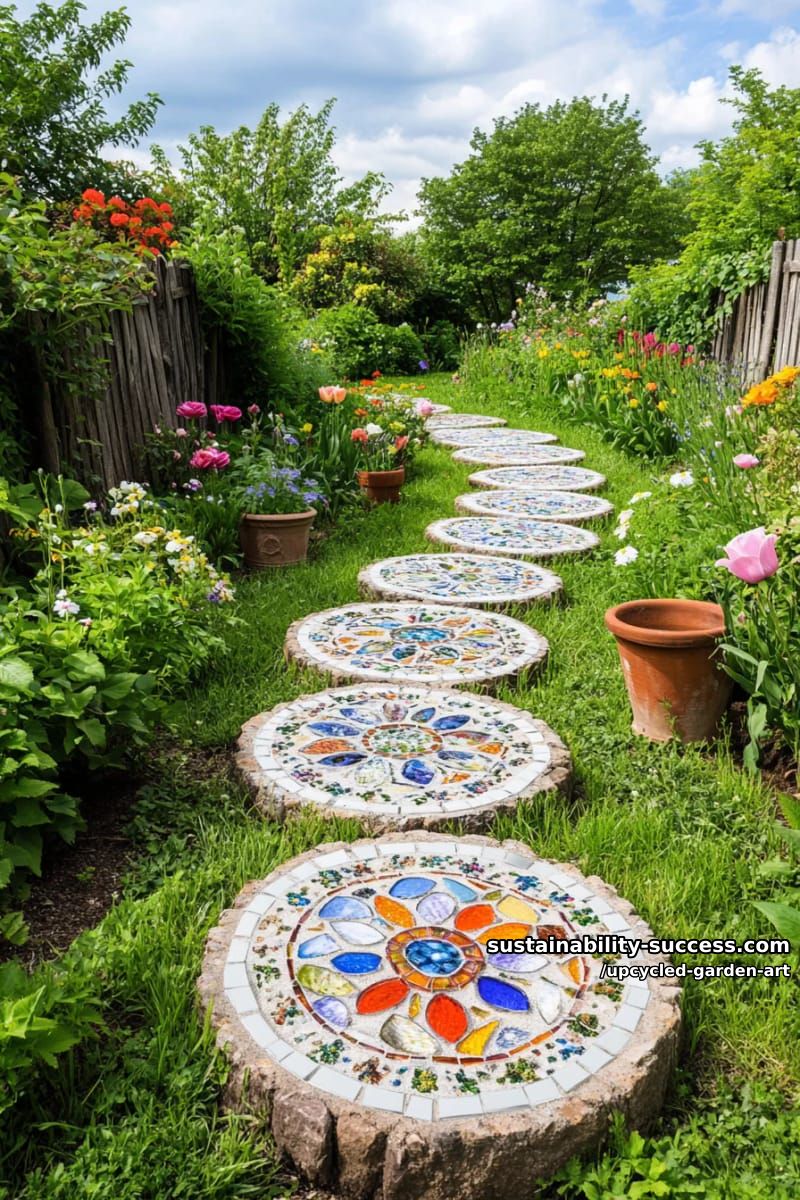 mirror mosaic stepping stones reflecting garden blooms and sky 1