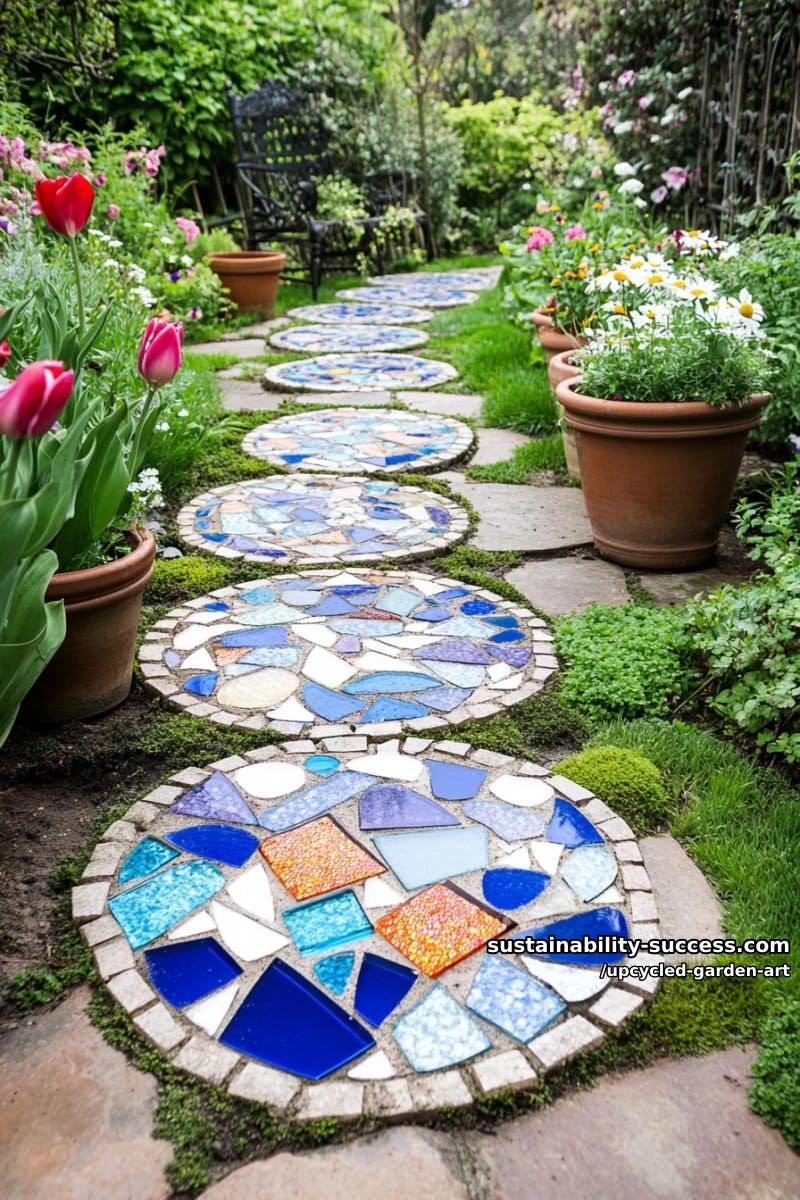 mirror mosaic stepping stones reflecting garden blooms and sky 1