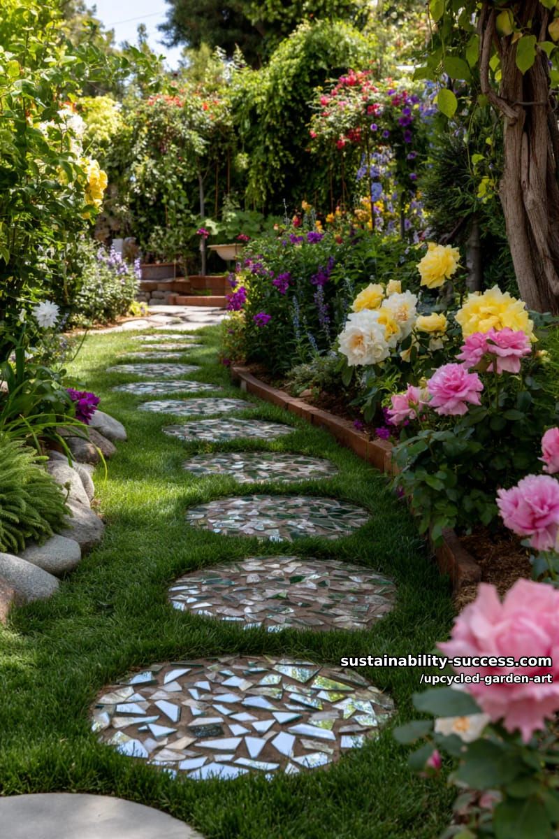 mirror mosaic stepping stones reflecting garden blooms and sky 1