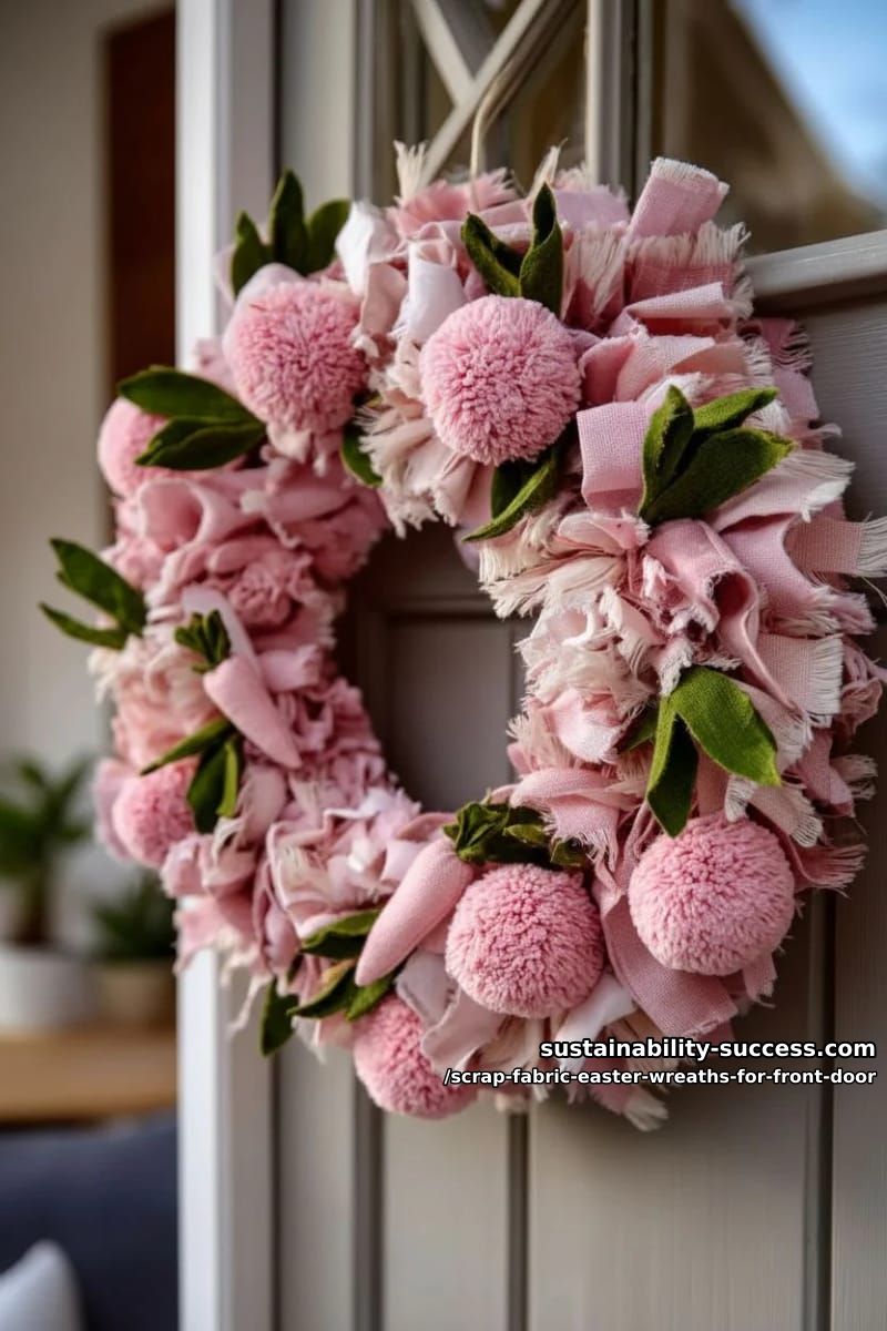 monochrome blush-pink wreath with soft bunny tail pom-poms and fabric carrots 1