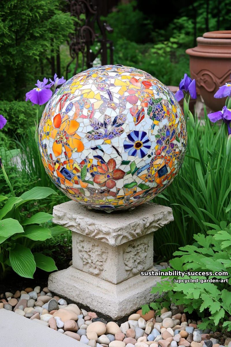 mosaic garden ball made from broken china and vibrant glass 1