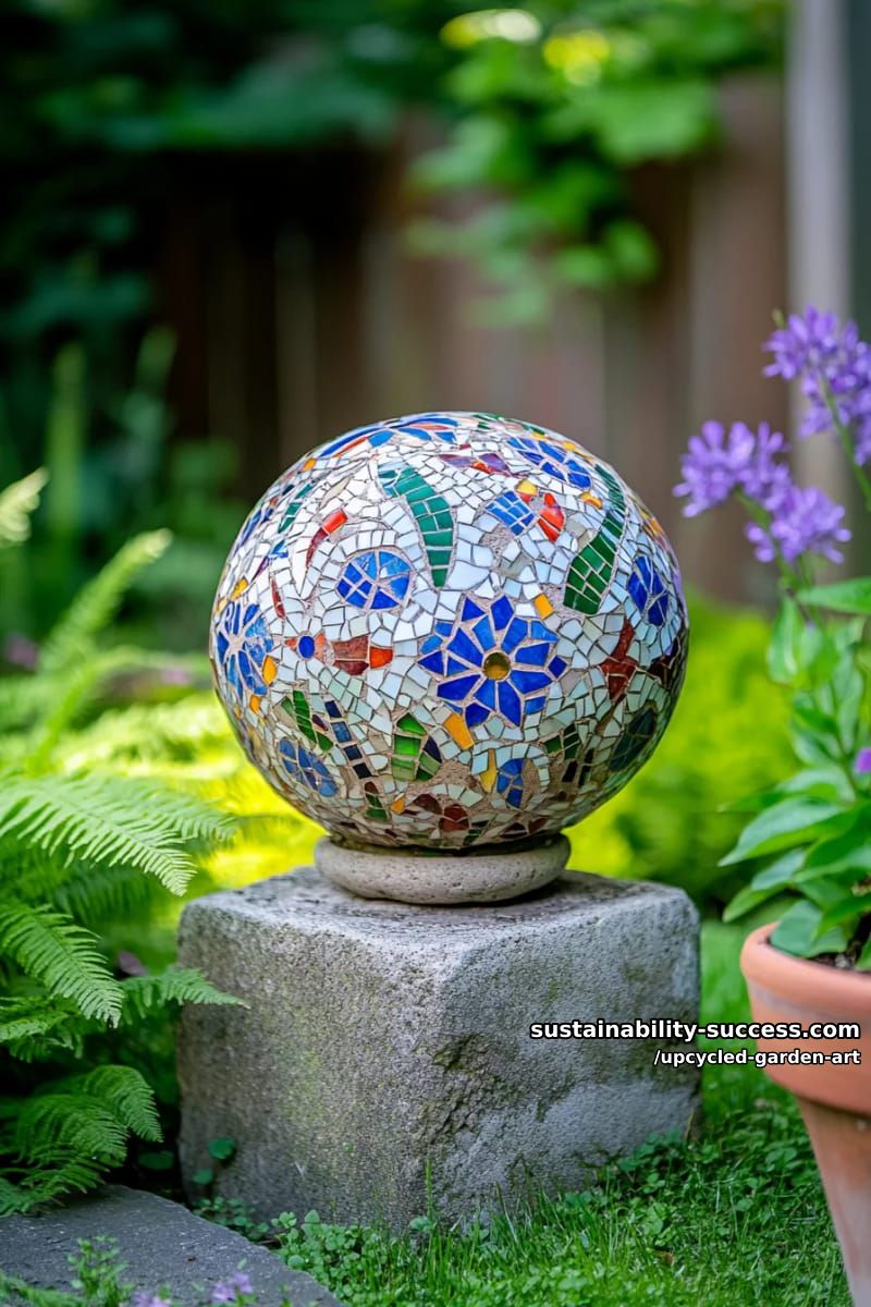 mosaic garden ball made from broken china and vibrant glass 1