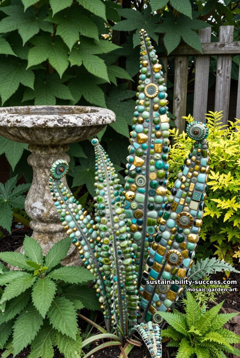 mosaic garden sculpture of swirling fern shapes in green, gold, and turquoise 1