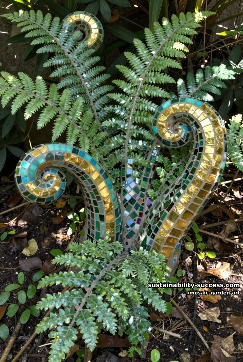 mosaic garden sculpture of swirling fern shapes in green, gold, and turquoise 1