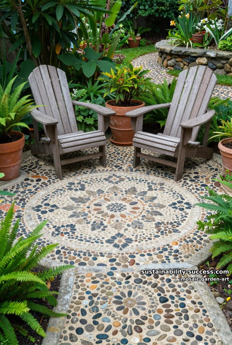 mosaic stone patio with floral patterns, adirondack chairs, and potted plants 1