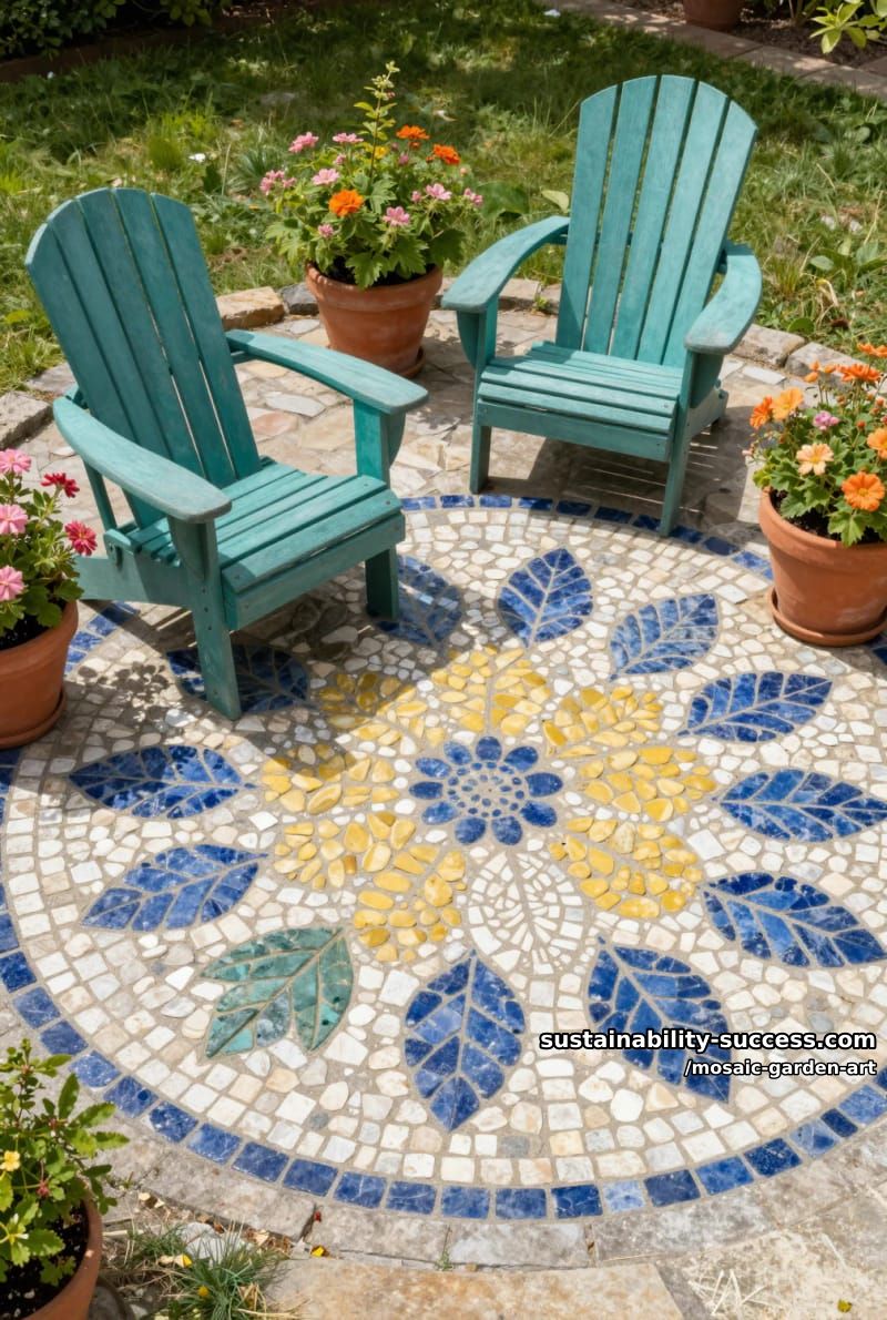 mosaic stone patio with floral patterns, adirondack chairs, and potted plants 1