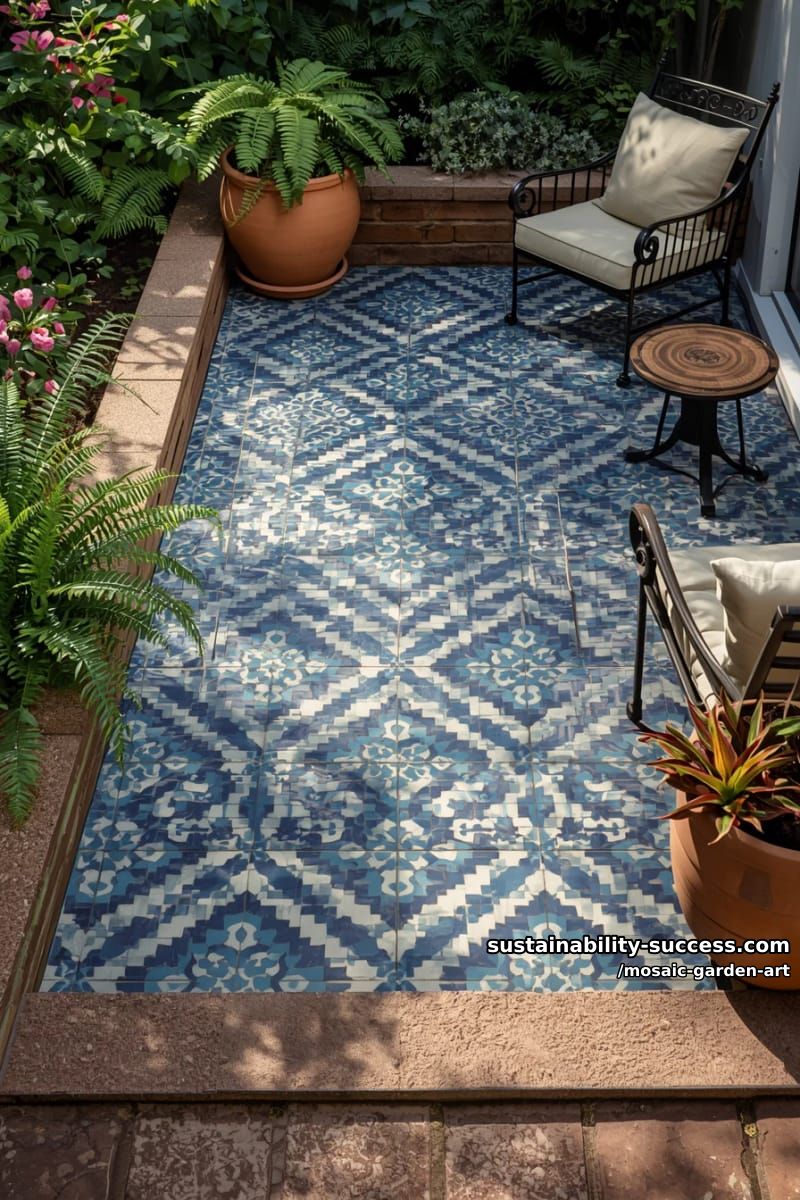 mosaic-tiled patio with geometric patterns, potted plants, and outdoor seating 1