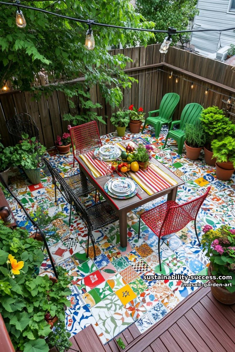 mosaic-tiled patio with geometric patterns, potted plants, and outdoor seating 1