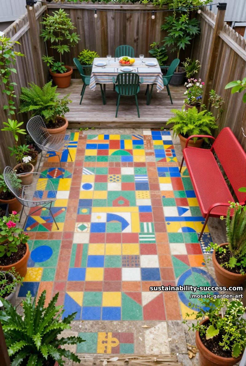 mosaic-tiled patio with geometric patterns, potted plants, and outdoor seating 1