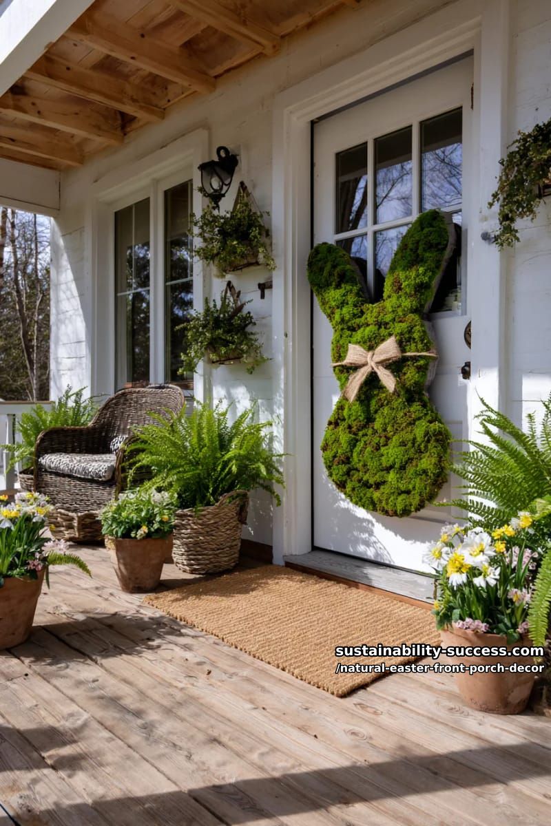 moss-covered bunny silhouette wreath with twine bow for rustic spring charm 1