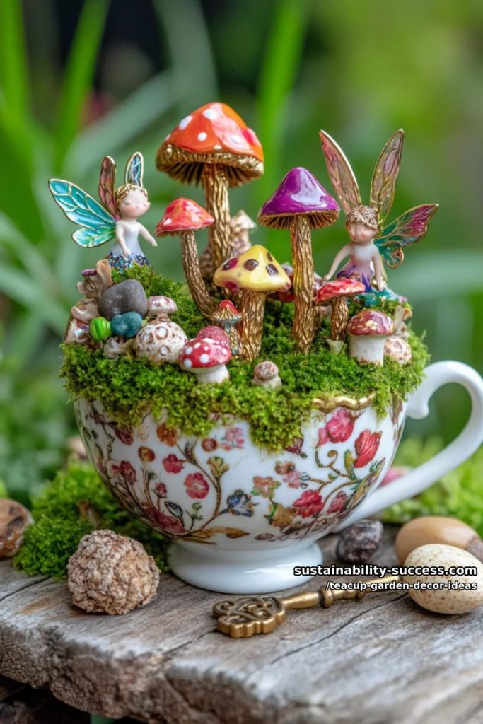 moss-filled teacup with whimsical ceramic mushrooms and fairy figurines 10