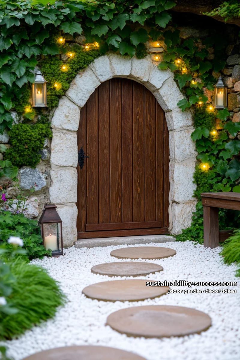 mossy arched door surrounded by pebbles and fairy lights for magical entrance 1
