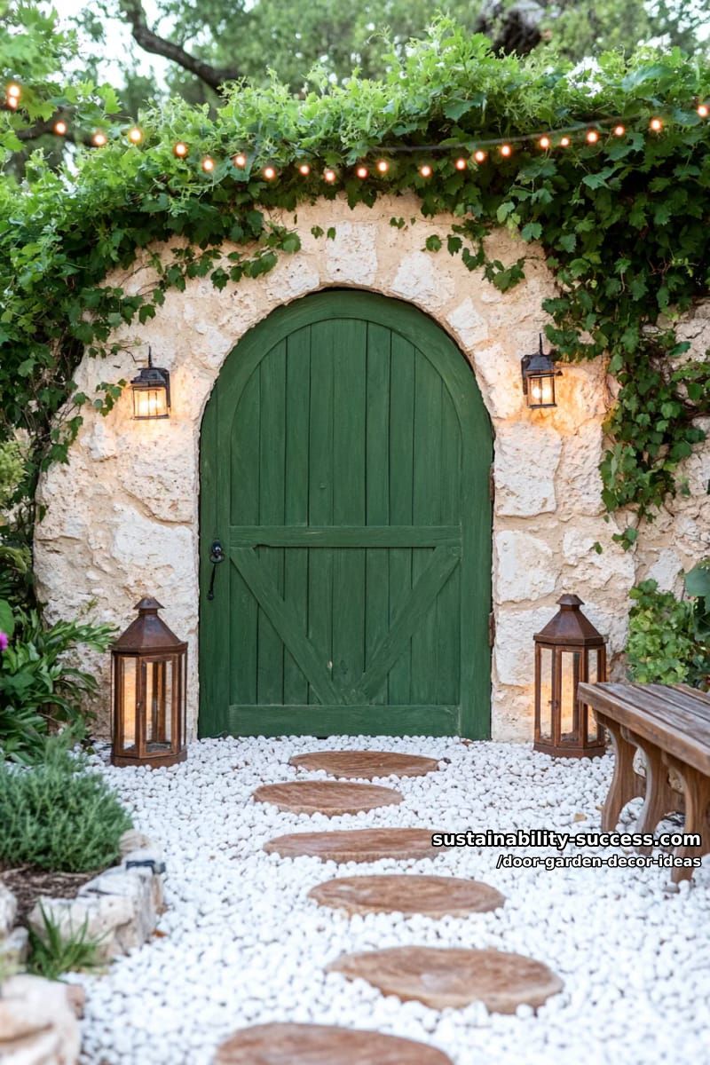 mossy arched door surrounded by pebbles and fairy lights for magical entrance 1