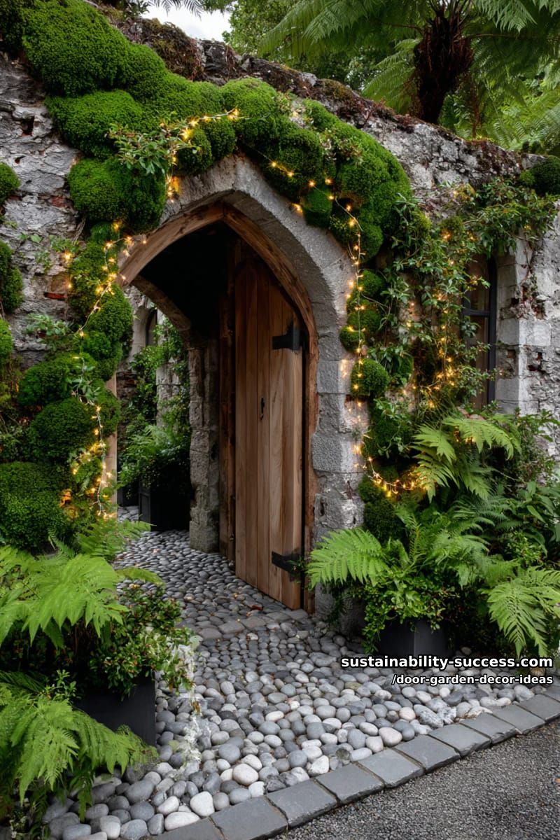 mossy arched door surrounded by pebbles and fairy lights for magical entrance 1