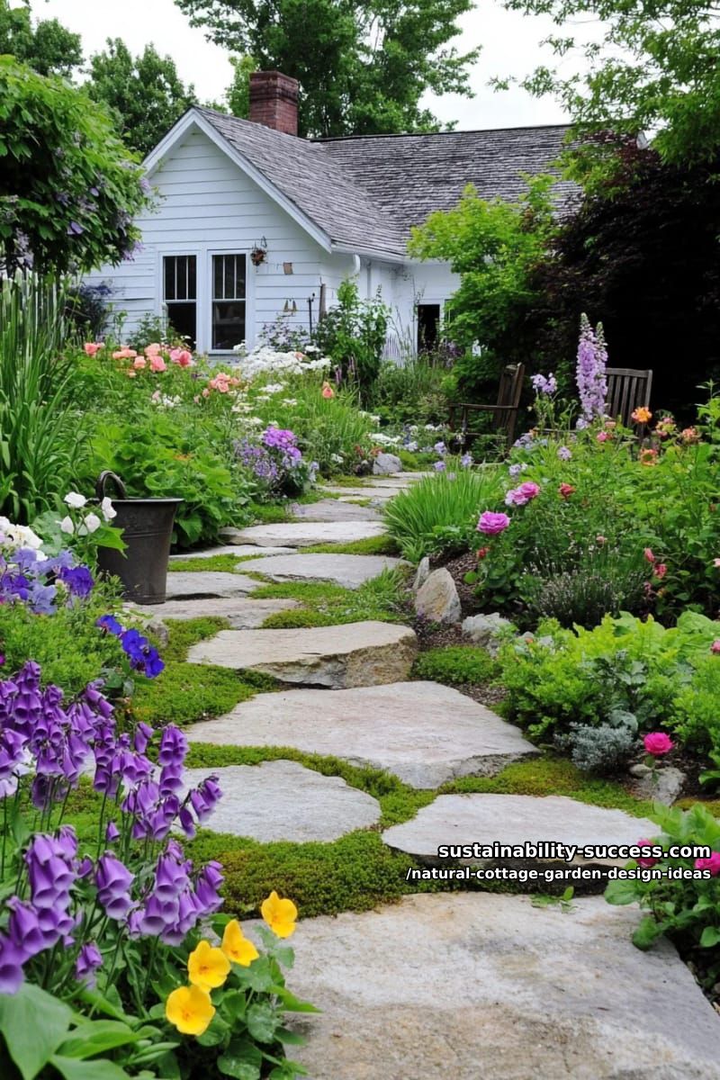 mossy stepping stones meandering through lush, colorful perennial borders 1