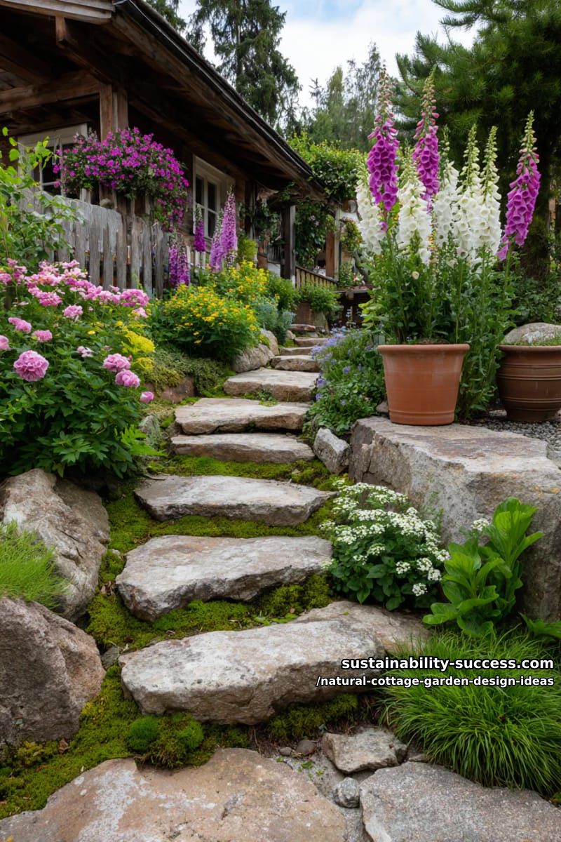 mossy stepping stones meandering through lush, colorful perennial borders 1