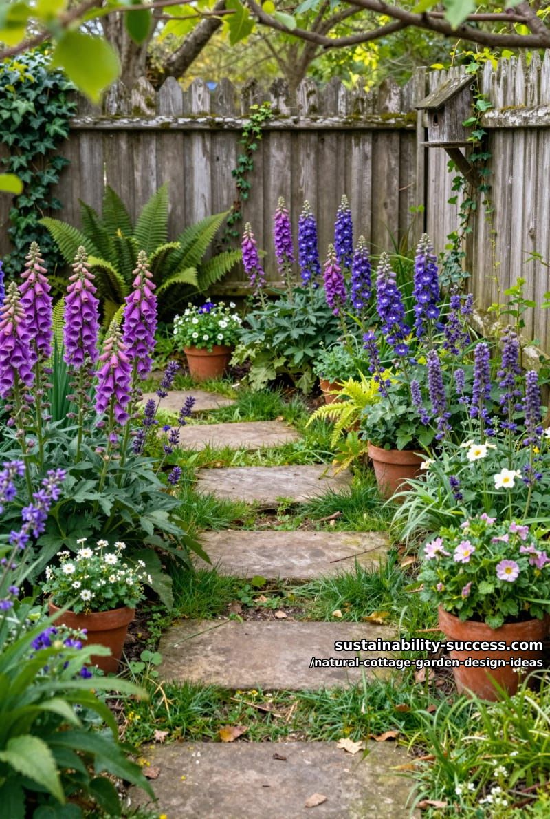 mossy stepping stones meandering through lush, colorful perennial borders 1