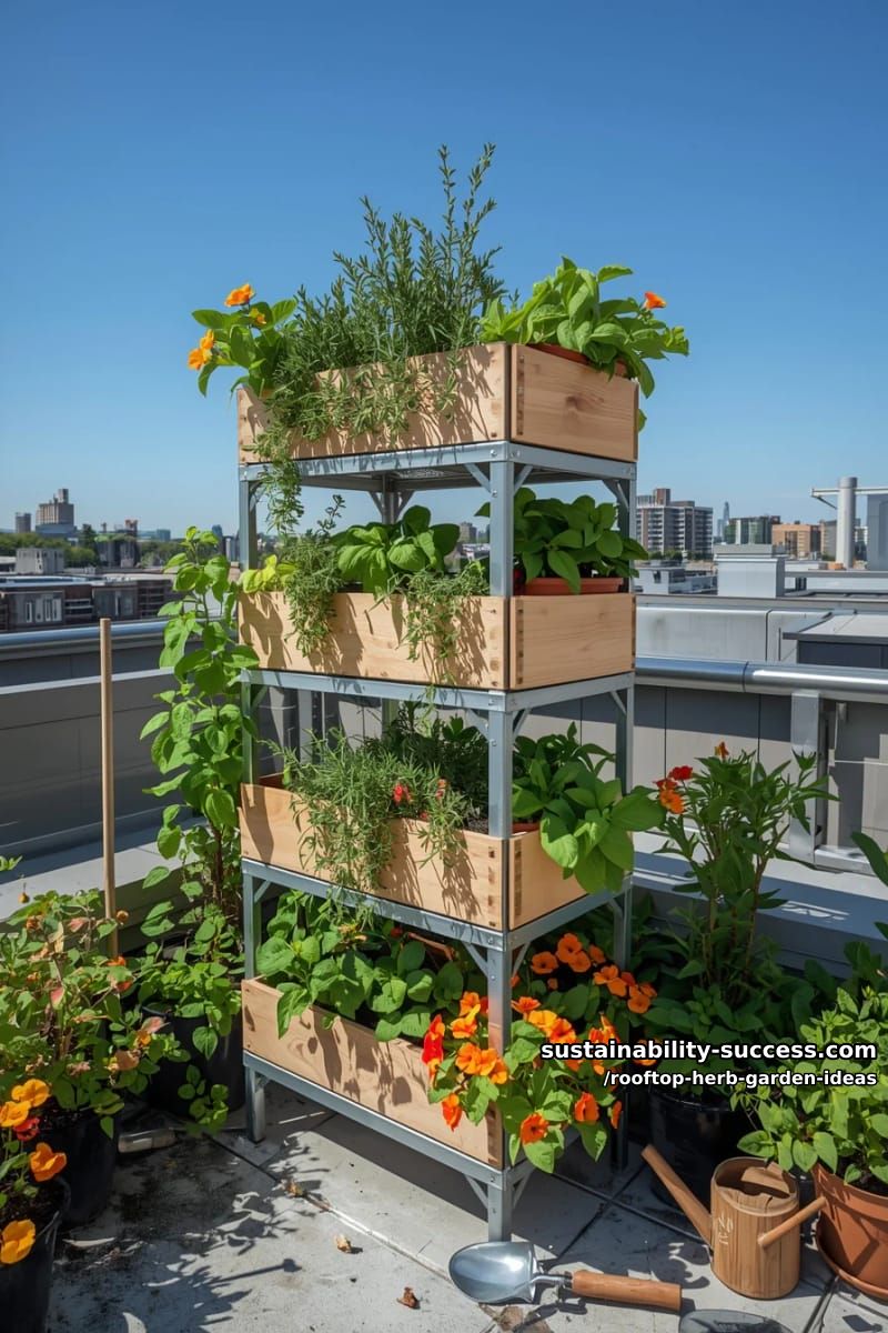 multi-level planter towers with sun-loving herbs and edible nasturtiums 1