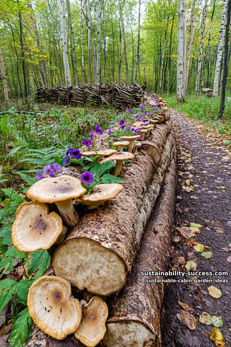 mushroom log stacks forming a shady edible border along the woodland path 1