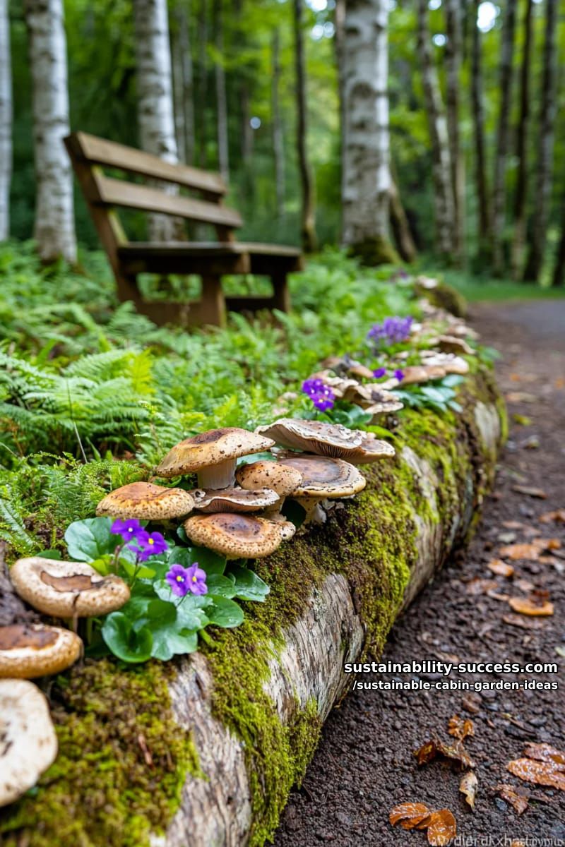 mushroom log stacks forming a shady edible border along the woodland path 1