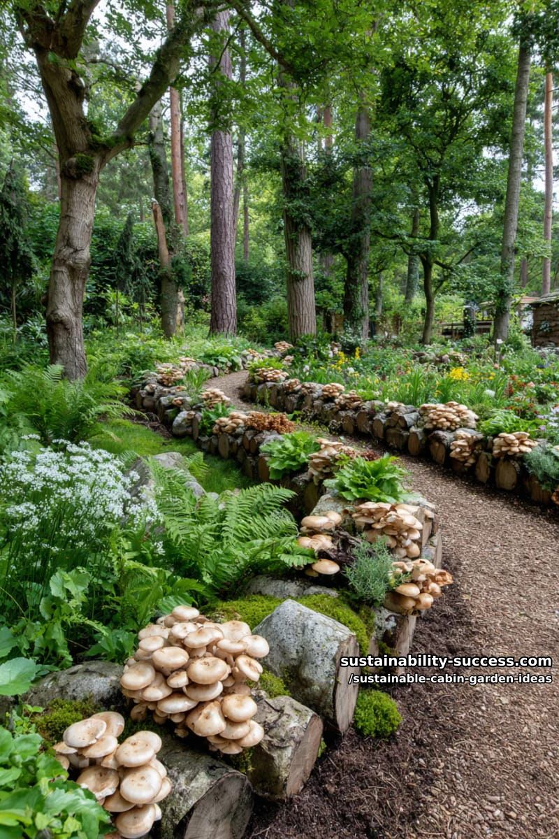 mushroom log stacks forming a shady edible border along the woodland path 1