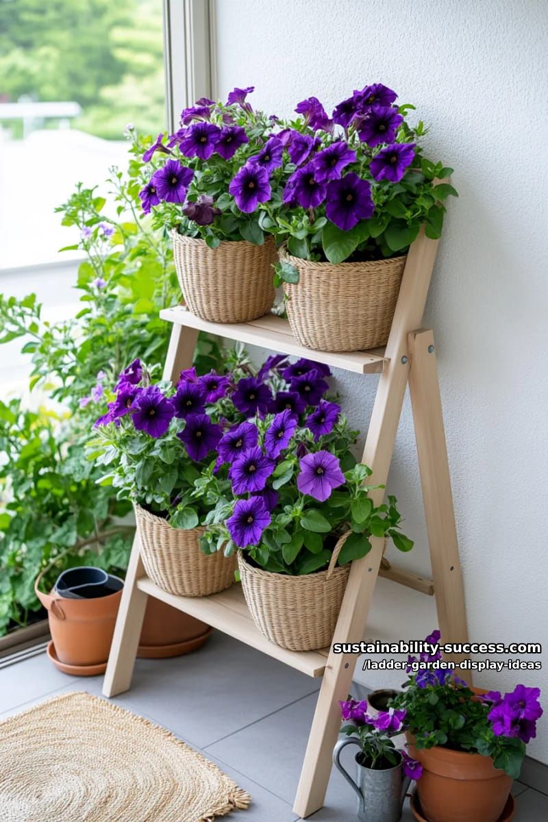 narrow ladder wall display with woven baskets and cascading petunias 1