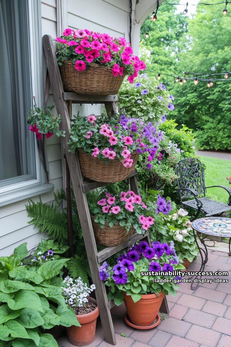 narrow ladder wall display with woven baskets and cascading petunias 1