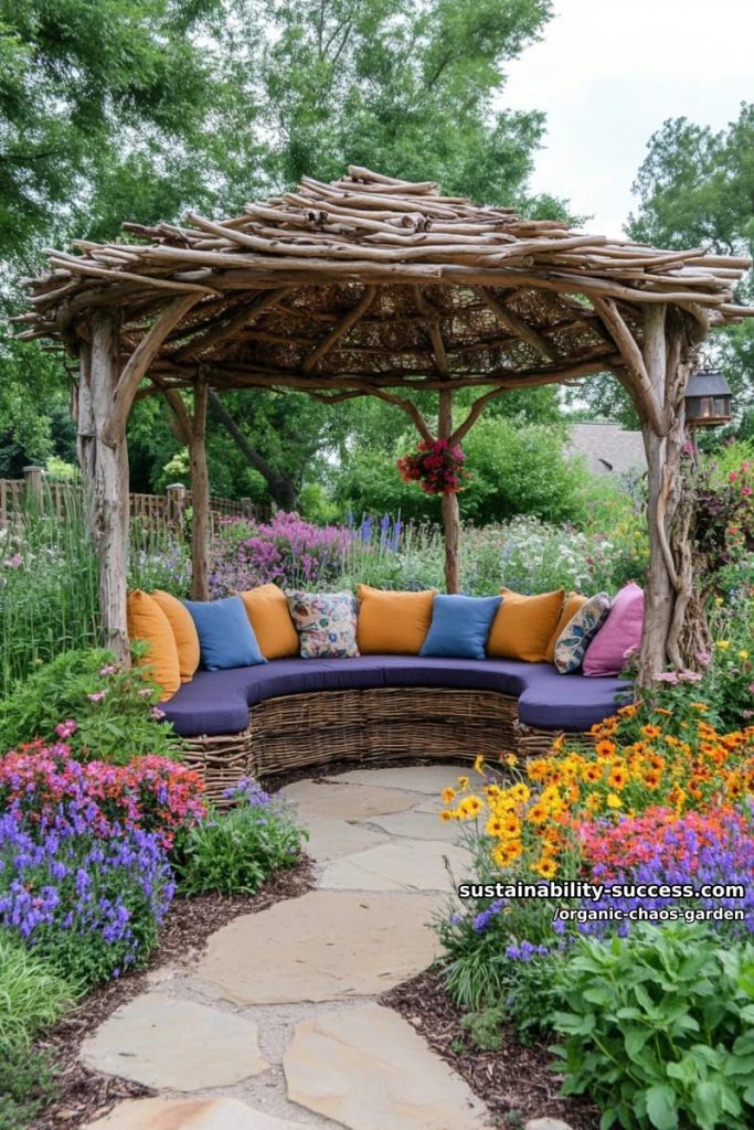 nature-inspired seating circle nestled among dense layers of blooms and vines 39
