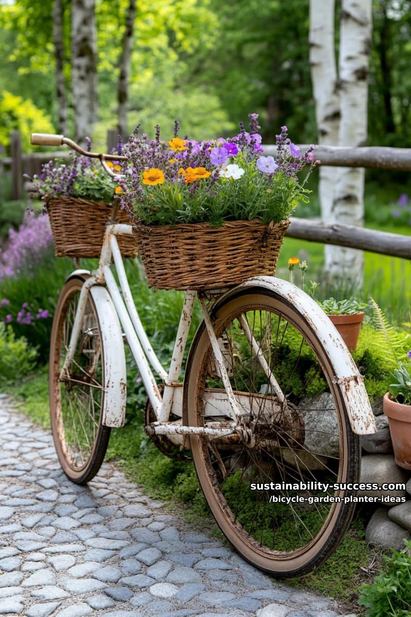 15 Creative Bicycle Planter Ideas for a Charming Garden Display 39 old garden bike with lavender and marigold spilling from rear baskets 1