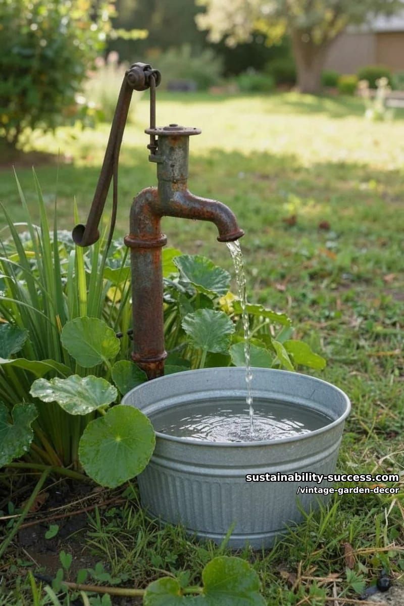 old hand water pump with galvanized tub surrounded by lush greenery. 1