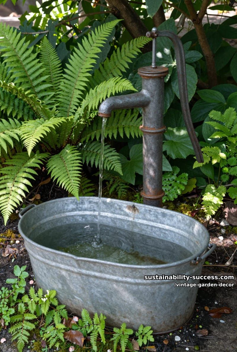 old hand water pump with galvanized tub surrounded by lush greenery. 1