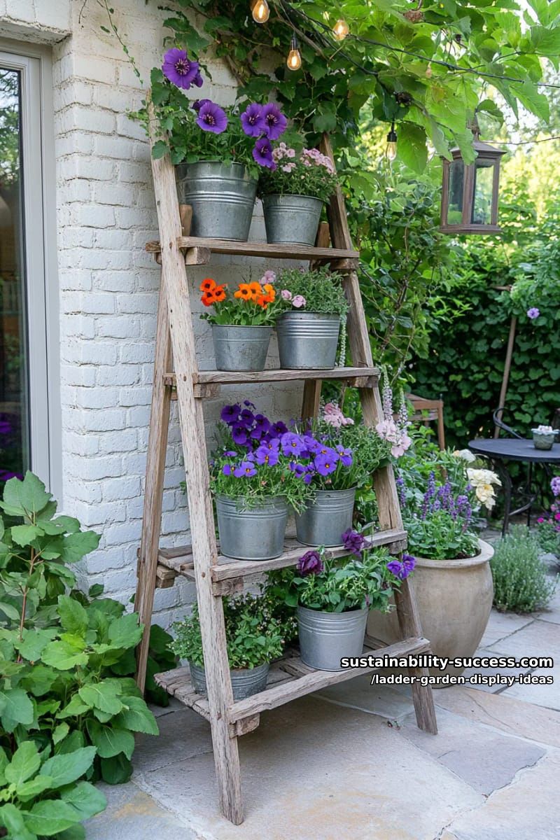 old orchard ladder lined with wildflowers in galvanized metal buckets 1