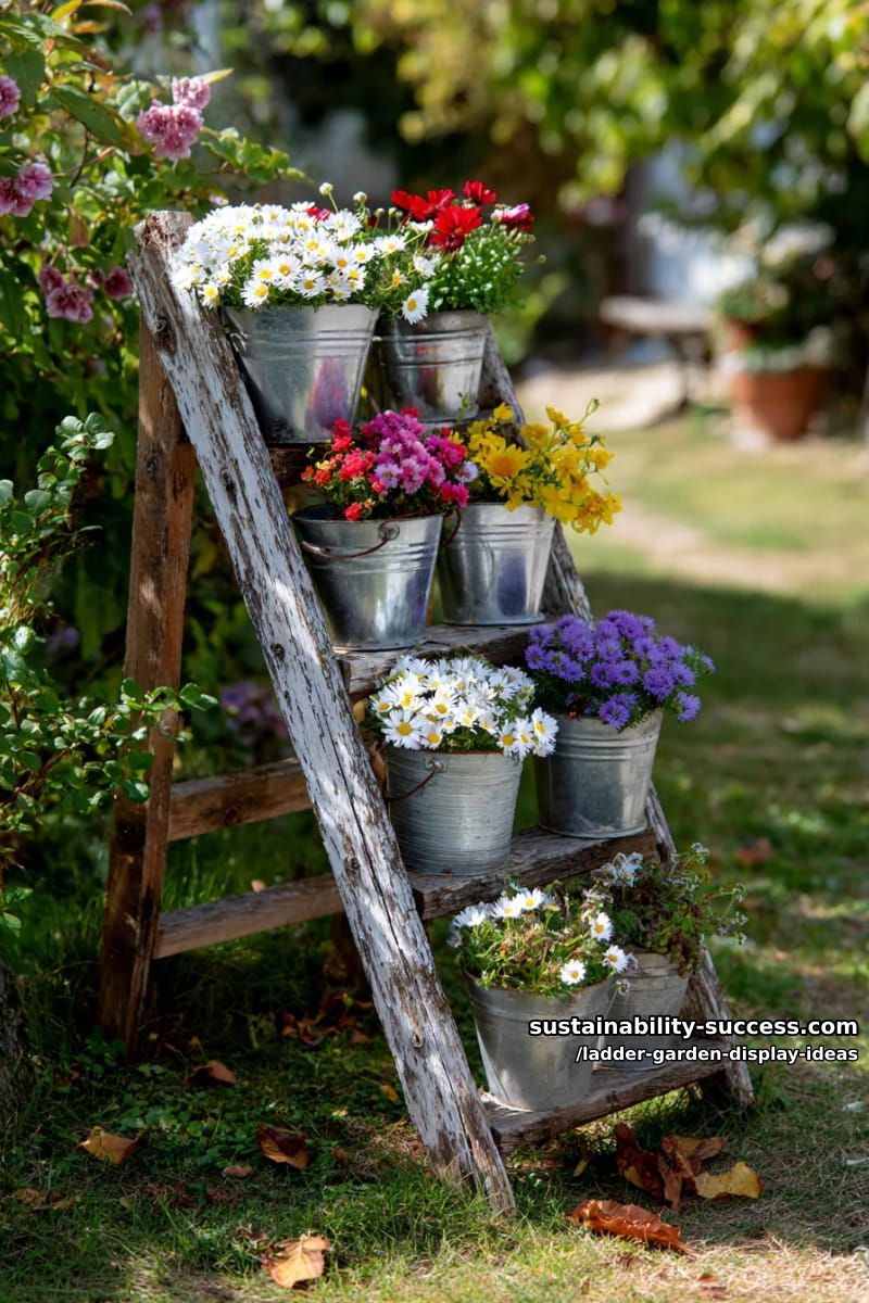 old orchard ladder lined with wildflowers in galvanized metal buckets 1