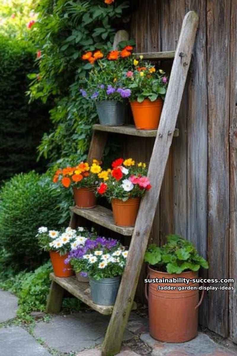 old orchard ladder lined with wildflowers in galvanized metal buckets 1
