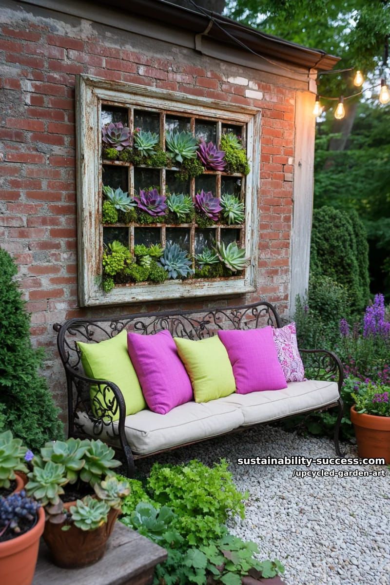 old window frame vertical succulent planter wall with moss 1