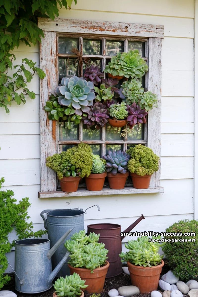old window frame vertical succulent planter wall with moss 1