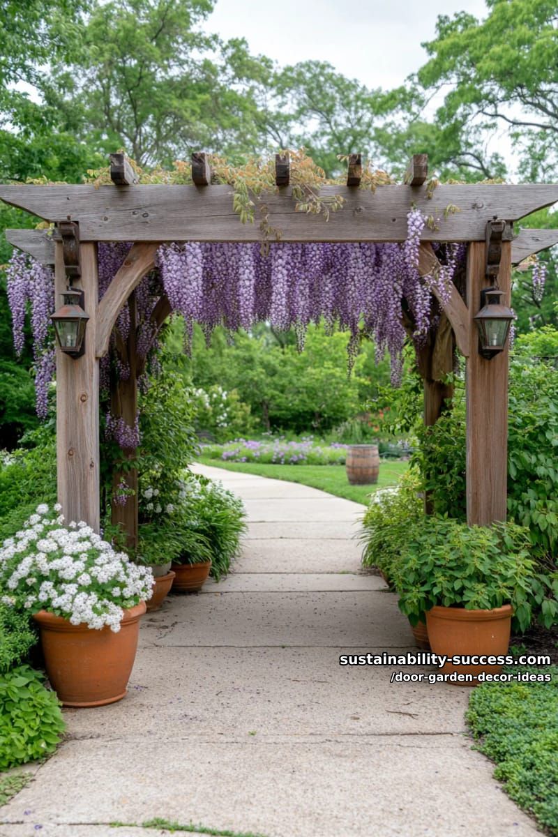 open-frame door arbor entwined with flowering wisteria and ivy 1