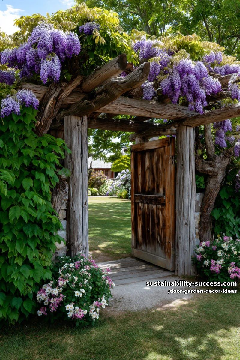 open-frame door arbor entwined with flowering wisteria and ivy 1