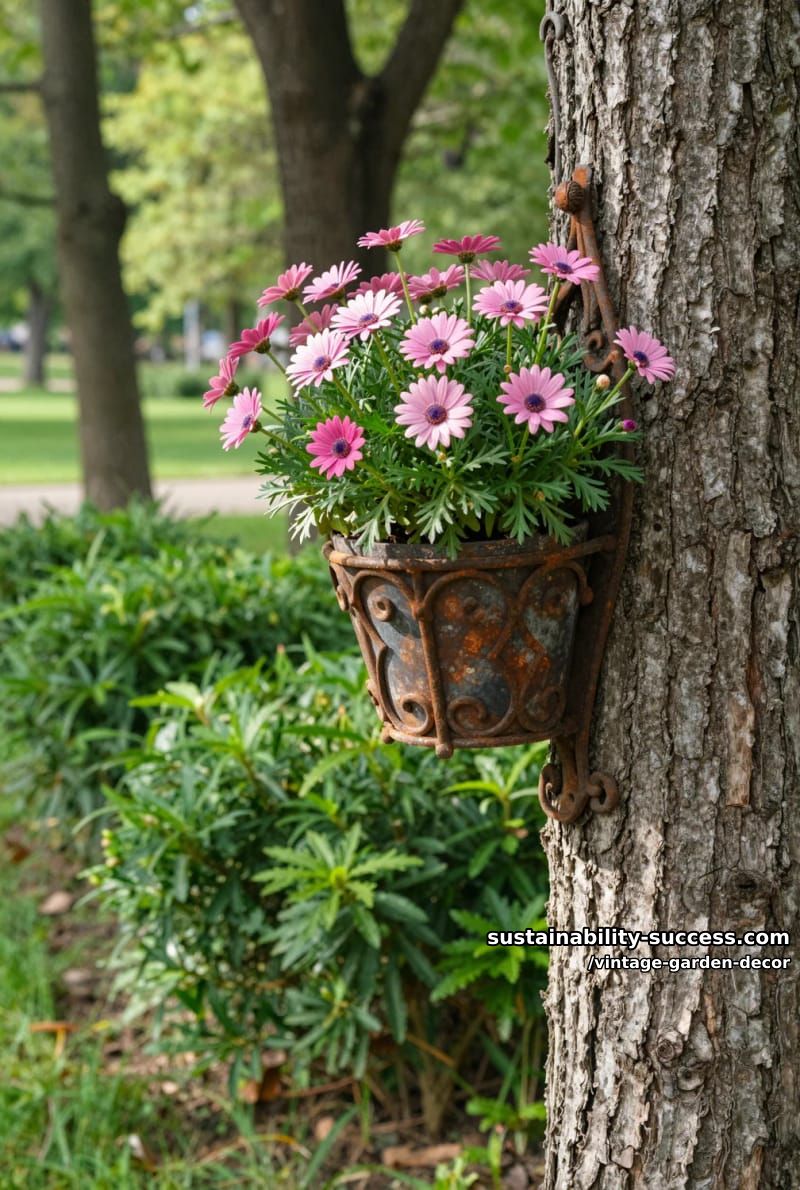 ornate metal wall-mounted flower pot with pink flowers on tree trunk. 1