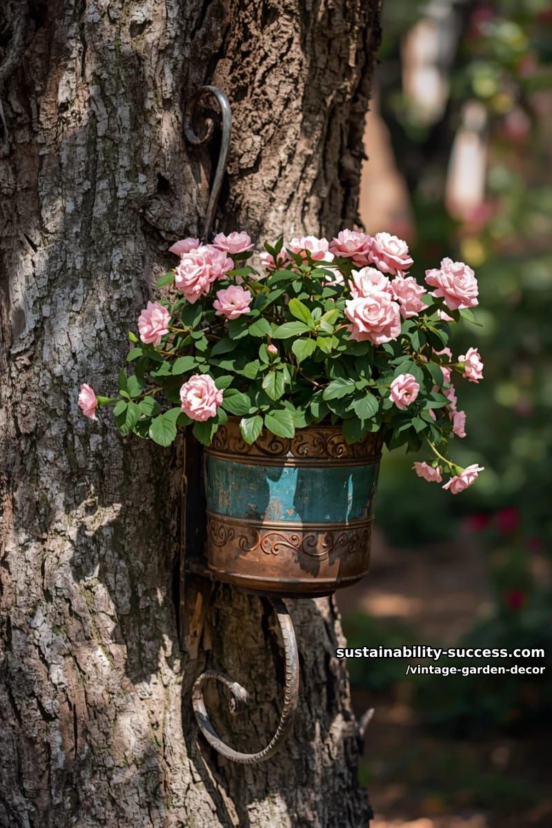 ornate metal wall-mounted flower pot with pink flowers on tree trunk. 1