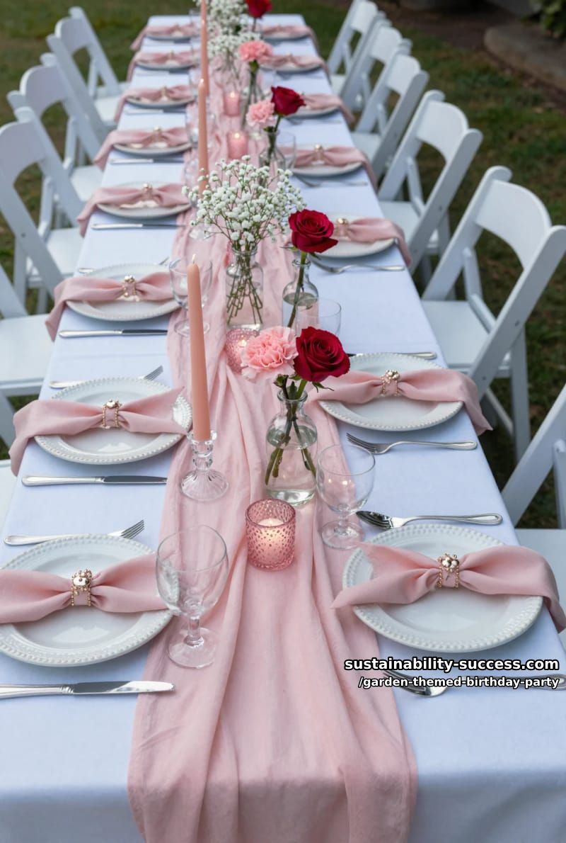outdoor banquet table with pink gauze, blush candles, and baby's breath. 1