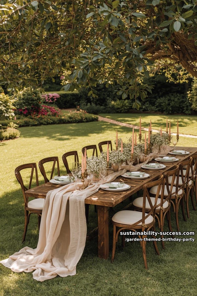 outdoor banquet table with pink gauze, blush candles, and baby's breath. 1