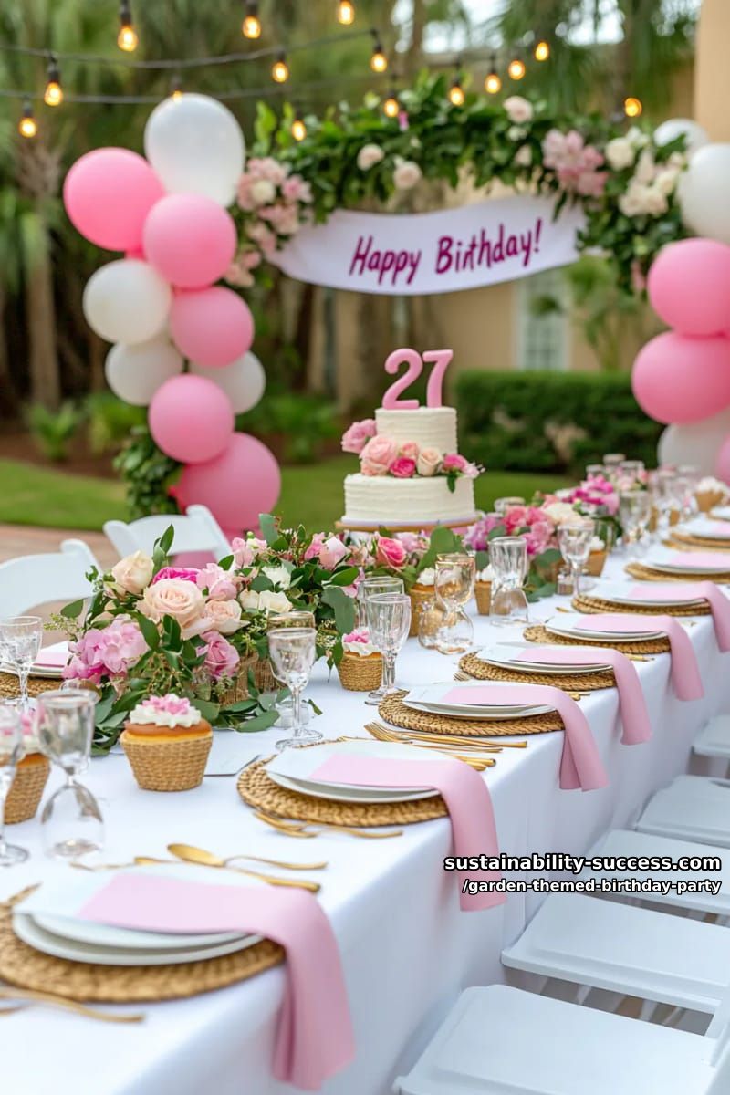 outdoor celebration table with pink and white flowers, candles, and balloons. 1