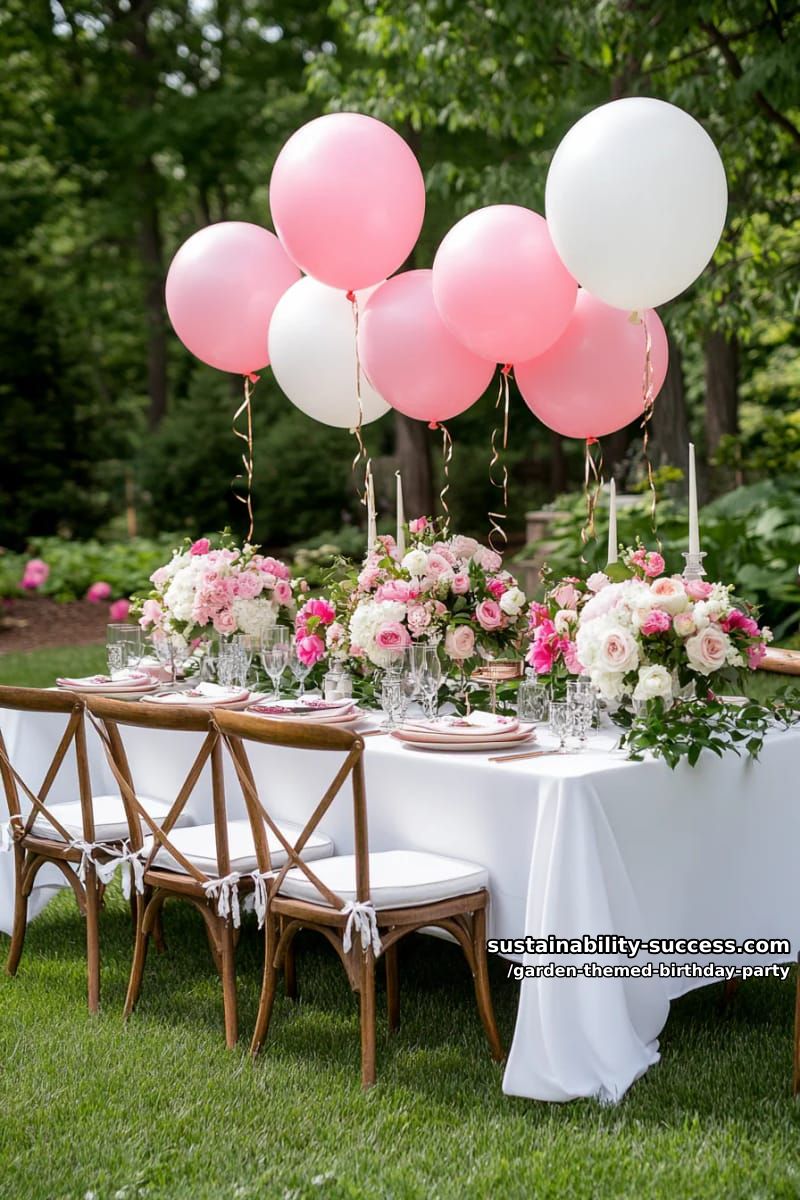 outdoor celebration table with pink and white flowers, candles, and balloons. 1