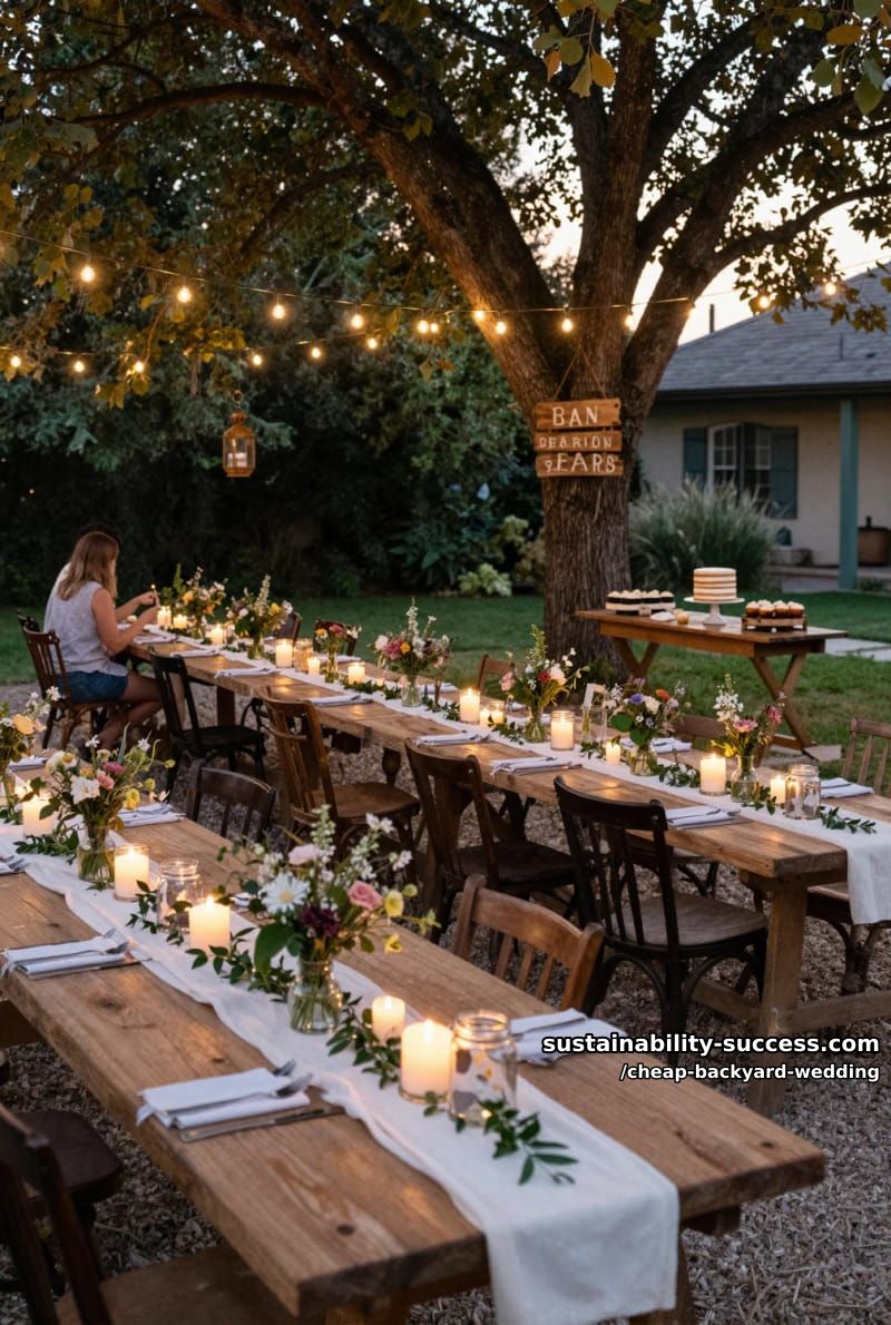 outdoor evening reception with candlelit tables and fairy lights 1