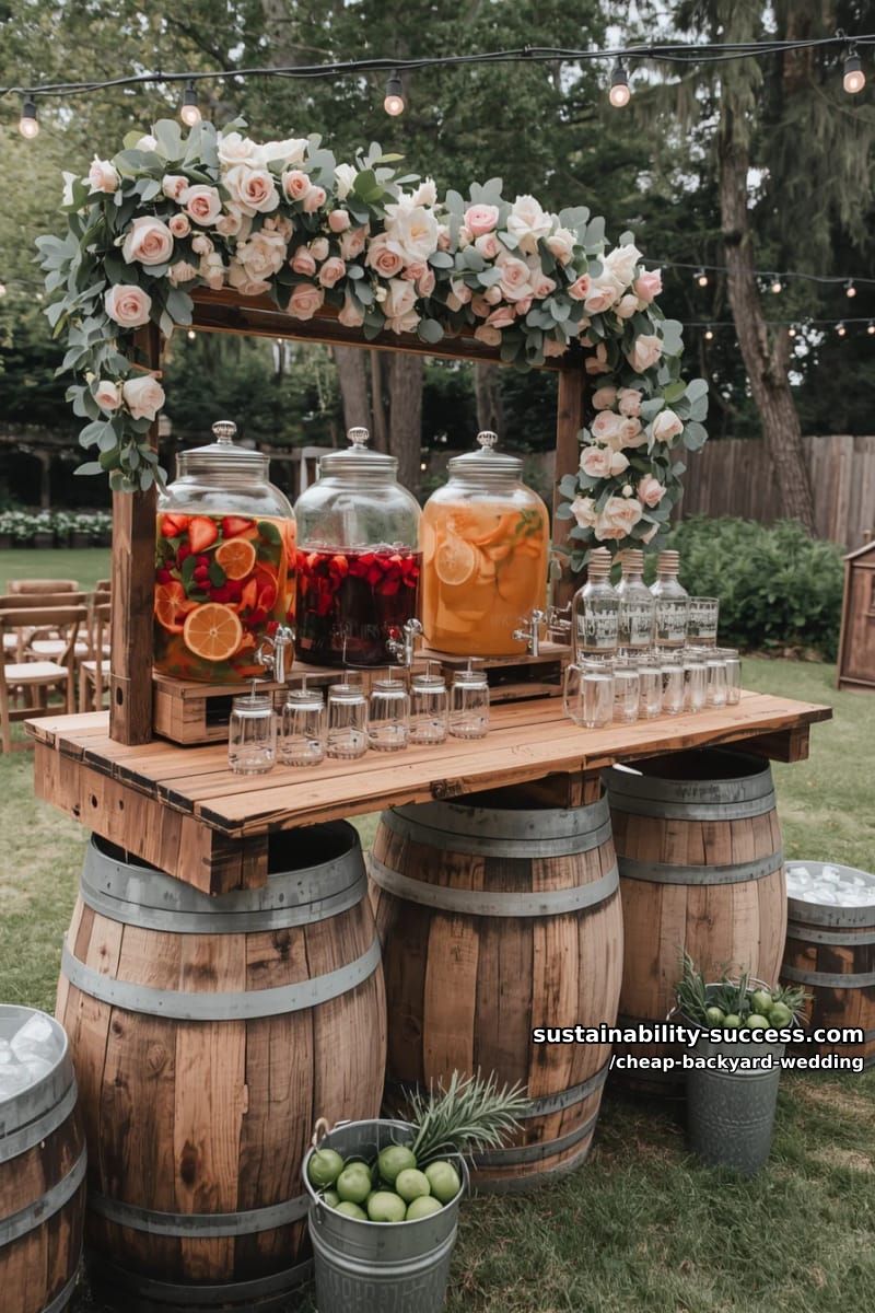 outdoor rustic drink bar with floral decor and infused beverages 1