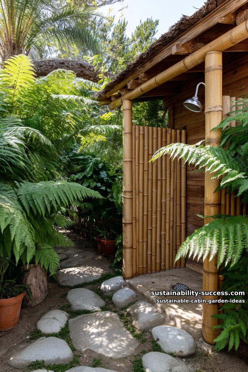 outdoor shower built from bamboo and surrounded by privacy ferns 1