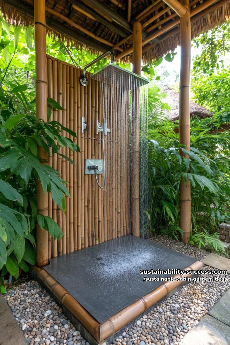 outdoor shower built from bamboo and surrounded by privacy ferns 1