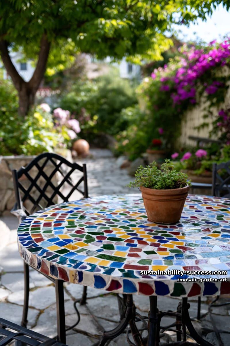 outdoor table covered in a vibrant multicolored glass tile mosaic 1