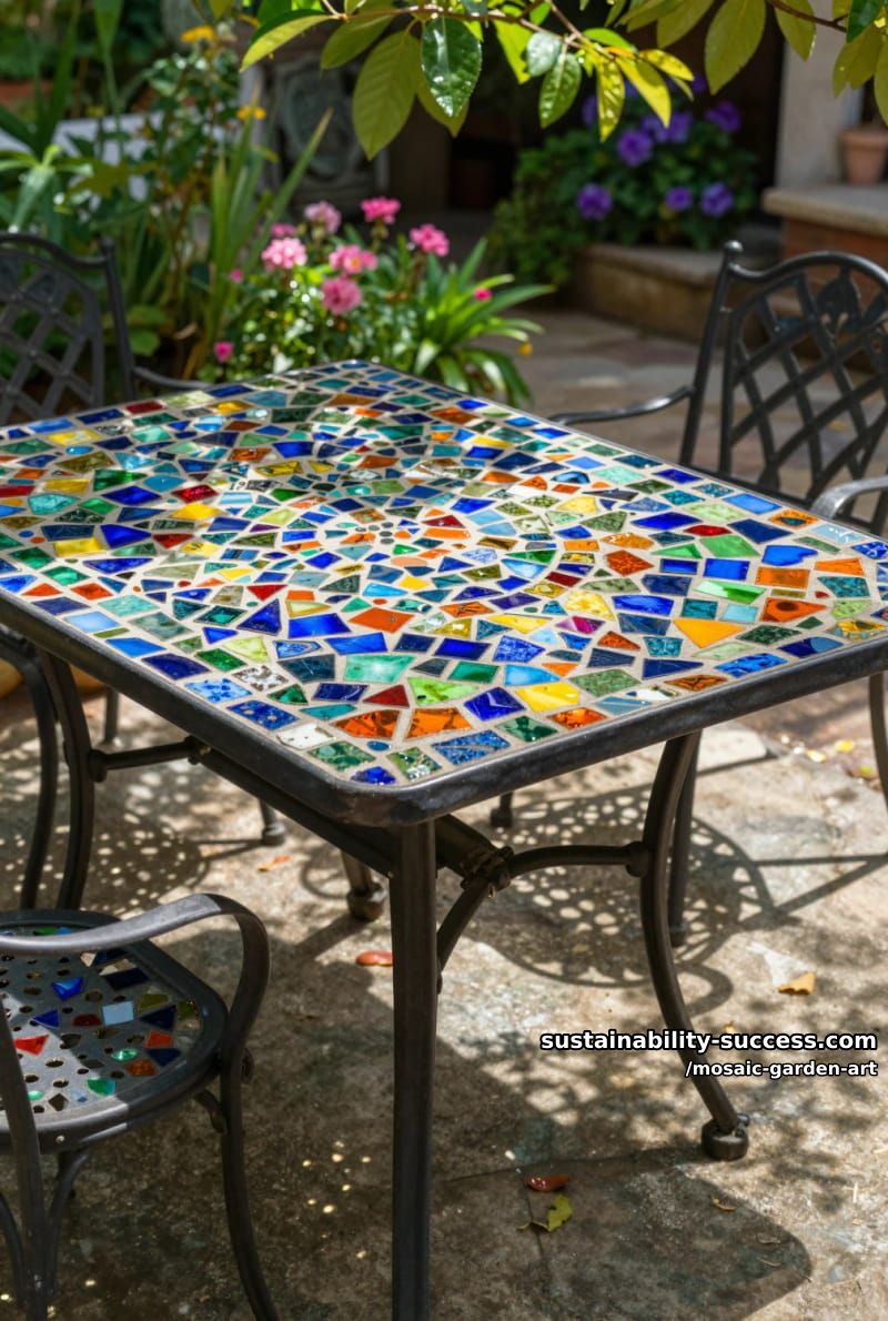 outdoor table covered in a vibrant multicolored glass tile mosaic 1